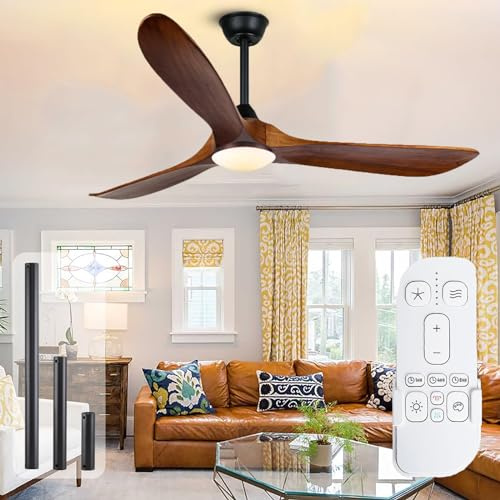 OUENGK 52 ventilador de techo con luz y mando a distancia, ventilador techo exterior terraza, 3 palas de madera reversibles, 6 velocidades con función de temporizador, Silencioso y de bajo consumo