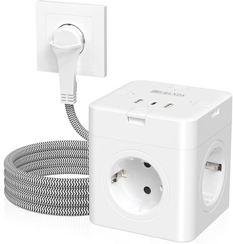 Steckdosenwürfel mit USB C, 4-Fach Steckdosenleiste Flachstecker mit Einzeln Schaltbar, Mehrfachsteckdose Würfel mit 2M Textilkabel für Büro Hause Reisen - Weiß 002-MF