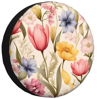 Ersatzradabdeckungen Frühling Tulpe Gänseblümchen Blume Reifenabdeckungen Uv-Schutz Auto Reifen Taschen Premium Reserveradabdeckung Für SUV Trailer Auto 15 inch