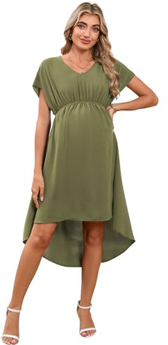 Hobrounn Damen Umstandskleid V-Ausschnitt Sommer Kurzarm Hohe Taille Kleider für Schwangere Umstandsmode Hochzeit (Grün,L)