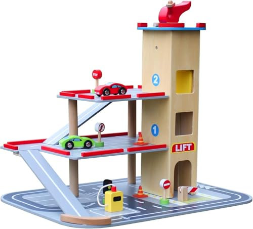 Wooden Police Station Playset, Pretend Play Dollhouse,Multicolor 3-Level with Figures, Truck, Helicopter and Accessories (Car Parking)