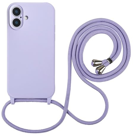 Hadwii Coque avec Cordon pour iPhone 16 Silicone Collier Réglable Téléphone Étui Doublure Microfibre Antichoc Anti-Rayures Case pour iPhone 16, Lavande