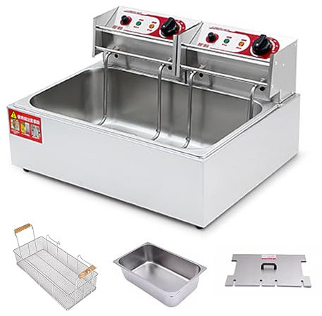 3000W*2 Freidoras de Aceite Profesional, 20L Freidora Eléctrica de Acero Inoxidable de Doble Cabezal, Control de Temperatura de 60-200°C, 220V 16A Enchufe(54 * 42 * 31cm)