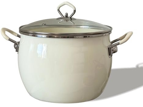 Enamel-Coated 6-Quart Stainless Steel Stock Pot with Glass Lid & Ergonomic Handle, Non-Stick Multi-Purpose Soup Pot for Gumbo, Stew, Pasta, Sauces (White)