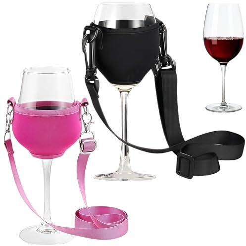 2 Stück Weinglashalter Zum Umhängen Set, Tragbare Becherhalter Zum Umhängen, Weinglas Halterung Zum Umhängen für Weihnachten Weinfest Hochzeit Geburtstag Party Picknicks (Schwarz und Rosenrot)