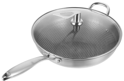 DONFAMDS Wok De Acero Inoxidable Con Tapa y Estructura De Panal Sartén Antiadherente Para Cocinas De Inducción y Gas Utensilio De Cocina Versátil Para Saltear y Cocinar