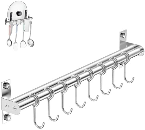 PACIOCEAN Stainless Steel Hanging Rail with 6 Hooks No Drill Adhesive Wall Mount Organizer for Kitchen, Strong Hold for Pots, Pans, Utensils, Mugs, Saves Space, Rustproof