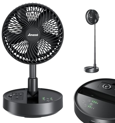 AMACOOL Ventilador oscilante plegable de 8 pulgadas, funciona con pilas de 10000 mAh con control remoto y temporizador, ventilador de pie portátil ajustable en altura, salida USB silenciosa para