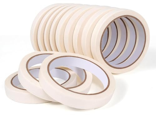 TOMIUS 12 Rolls Masking Tape 15mm x 50m Thin White Masking Tape for Painting for Painters Decorators Professional Diy Use Painting Office Home Crafts and More
