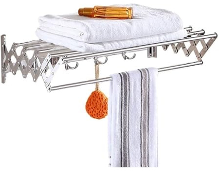 OWOHYG Stainless Steel Towel Rail Shelf with Telescopic Design, Folding 90cm Length Wall-Mounted Towel Rack, Expandable for Bathroom