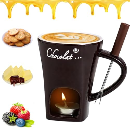 Chocolate Melting Cup, Ceramic Chocolate Fondue Mug, Chocolate Fondue Set Includes Forks and Candles, Fondue Mug Chocolate Melting Cup Cookware Candy Hot Pot, for Candy Snack Caramel Chocolate (C)
