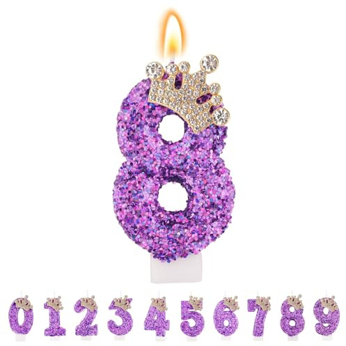 TESGADGETS Velas de Cumpleaños Lila, Velas de Corona Combinables con Número 8 para Pastel, Vela Brillante con Número 8 como Adorno de Pastel para Celebraciones de Aniversario