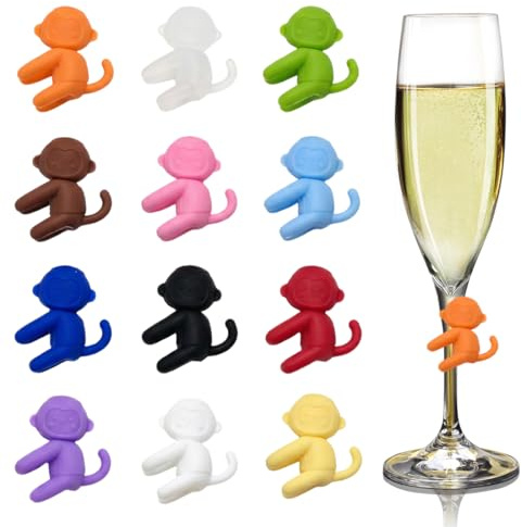 12 PCS Marque Verre à vin, Singe Marqueurs de Verre à Vin en Silicone Marque, Identifiants pour Verres de Réception, Accessoires pour le Vin, Idéaux pour la vie Quotidienne et les Fêtes (Multicolore)