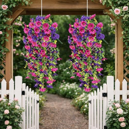 2Pcs Artificial Hanging Flowers Outdoor, UV Resistant Hanging Artificial Morning Glory Vine, 75cm Fake Flower Bouquet Hanging Vine Drooping Plants for Hanging Baskets Spring Decor (Purplish Red,2 PCS)