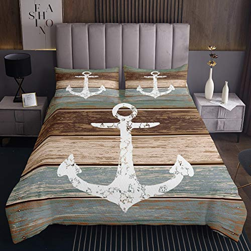 Anker Tagesdecke 220x240cm Nautisches Thema Steppdecke Vintage Timeworn Verwitterte Holzbretter Rustikales Bettüberwurf Gewicht Mit 2 Kissenbezug 3St,Braun