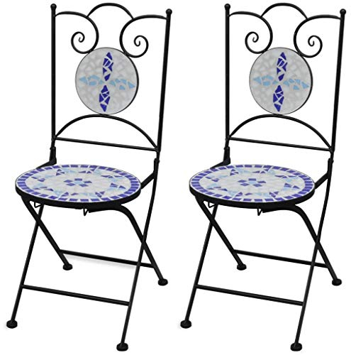 Cikonielf 2 Stück Klappstühle mit Mosaik-Dekoration, Bistrostuhl, Outdoor-Stuhl für Balkon, Terrasse oder Garten, 37 x 44 x 89 cm, Blau + Weiß
