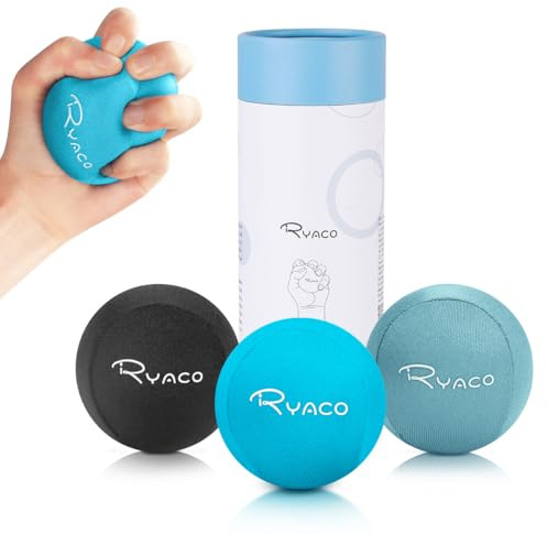 RYACO 3 st handträning gel stressbollar set, mjuka och hårda gelbollar set med 3 för vuxna och barn – ångestlindring, motståndsträning, lätt att klämma, greppstyrka (svart + grågrön + sjöblå)