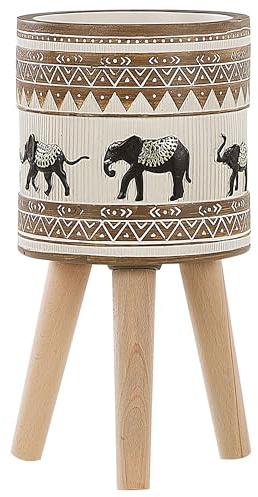 Beliani Cache-Pot Support Plantes avec 3 Pieds en Bois 19 cm de Diamètre Motif Éléphants Peint à la Main Idéal à la Fois pour Extérieur et Intérieur