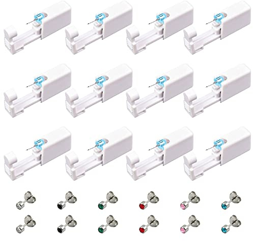 12 Pack Self Ear Piercing Gun, VEGCOO No Pain Disposable Ear Stud Piercing Gun Kit, Safety Asepsis Piercing Tool with 6 Ear Studs for Women Girls Men Boys (12 Pack)