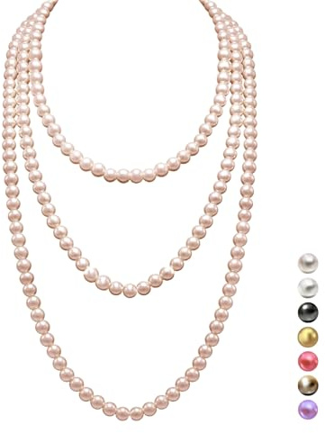 Halukakah Collier de Perles Long Années 1920 pour Femmes - Exquises Perles de Culture Naturelles - Luxueux Brin de 8mm avec Élégance Intemporelle - Champagne Or 180cm -Parfait pour Occasions Spéciales