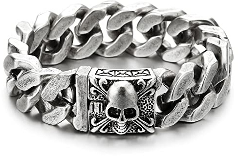 COOLSTEELANDBEYOND Großes Edelstahl Panzerkette Armband Herren mit Fleur de Lis und Schädel, Biker Gotik, Poliert