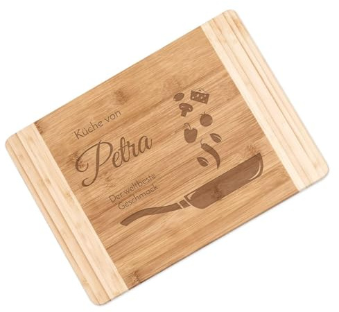 Maverton Bambus Küchenbrett mit Gravur - Brotzeitbrett - Schneidebrett - Größe: 35x25 cm - extra Dick - für Frauen - zum Geburtstag - zu Weihnachten - Pfanne