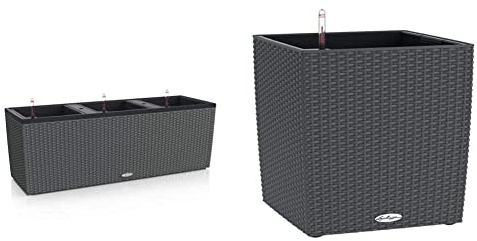 Lechuza Trio Cottage 30 Pflanzgefäß mit ERD-Bewässerungs-System, Granit, 100 x 32 x 34 cm & Cube Cottage 40 Pflanzgefäß mit ERD-Bewässerungs-System, Granit, 40 x 40 x 40 cm