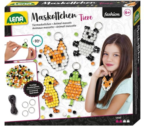 Lena 42547-pysselset för 4 maskotar djur, komplett set för 4 lyckobringare/nyckelring med 250 trendiga trådpärlor, svart dragsko, 4 ringar och instruktioner, flerfärgad