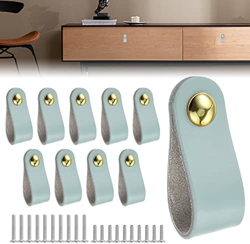QINERSAW Juego de 10 tiradores de piel para muebles, muebles, tiradores de piel, para armario, cajón, puerta de armario, decoración del hogar, con tornillos