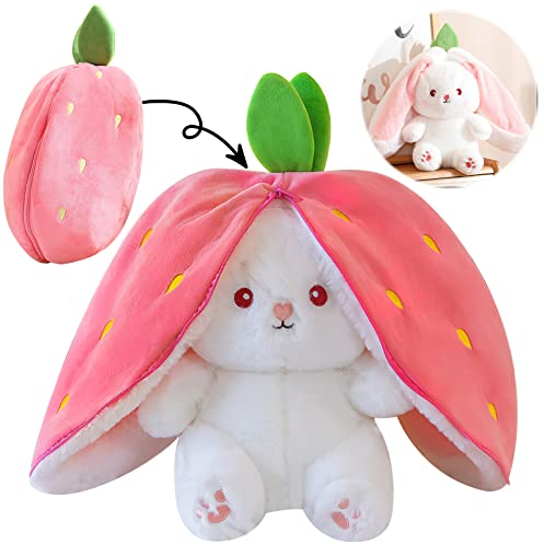 VOSSOT Cachette en forme de lapin, coussin en peluche, lapin de Pâques, en peluche, enveloppée dans des cadeaux à la fraise, 18 cm de haut (lapin)