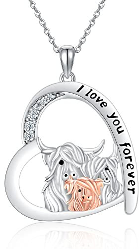 VENACOLY Hochlandrind Kette 925 Sterling Silber Familie Kuh Anhänger Halskette Highland Cow Schmuck Geschenk für Damen