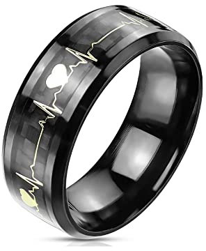 Treuheld® Schwarzer Ring mit goldenem Herzschlag | 8 Größen [07.] 66