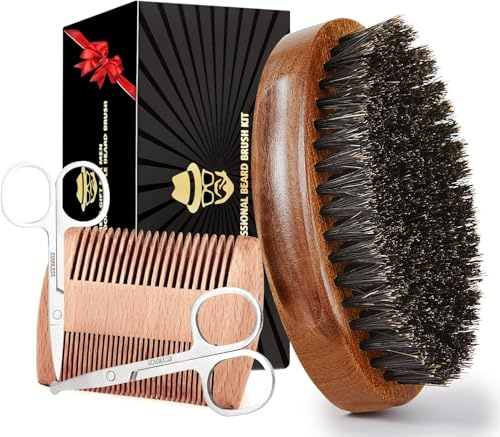 Sosoon Beard Brush for Men, 100% Pure Boar Bristle Beard Brush, Beard Grooming Set Including Beard Comb, 2 Pcs Mustache Scissors, and Travel Bag