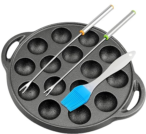 LNQ LUNIQI Escargot Dish Cast Iron Takoyaki Mushroom Plate with 15 Compartment Holes, Octopus Ball Maker with Forks and Brush for Snails, BBQ, and Mushroom Cooking