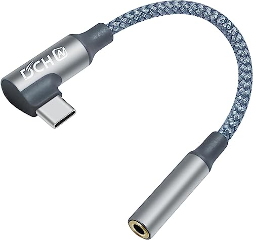 DCHAV Adaptador de audio USB C a conector de auriculares USB C a cable dongle de 3,5 mm tipo C macho a hembra, cable auxiliar trenzado en ángulo recto (gris)