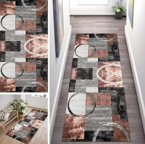 ZUZEKU Vintage Schwarz Grau Läufer Flur Küche Waschbar rutschfest 80X280cm Lang Abstraktes Muster Küchenteppich Flurteppich Teppich Fur Korridor Wohnzimmer Schlafzimmer Meterware Anpassbar