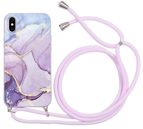 ZhuoFan Handykette für iPhone XS/iPhone X Hülle mit Band, Aesthetic Marmor Muster Verstellbarer Halskette Handyhülle mit Kordel zum umhängen Violett Silikon Stoßfest Schutzhülle mit Kette, Marble