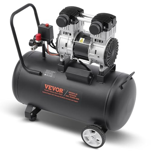 VEVOR Compressore d'Aria, Serbatoio in Acciaio 60 L Compressore d'Aria Senza Olio, Compressore Portatile Ultra Silenzioso da 78 dB per Riparazioni Auto, Gonfiaggio Pneumatici, Verniciatura a Spruzzo