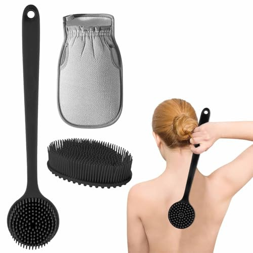 Silicone Body Scrubber for Shower and Bath, Double Sided Back Scrubber with Long Handle, Exfoliating and Massage Wash Brush for Women and Men
