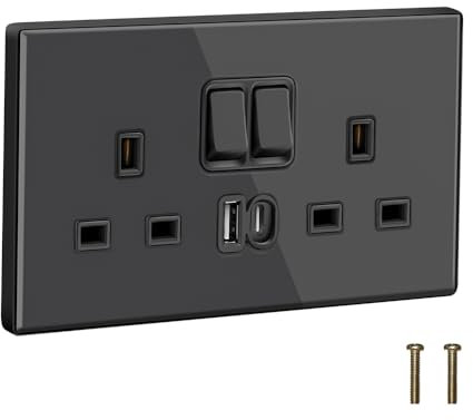 Plug Sockets Double Switched with USB C and USB A, EINNO Wall Electrical Outlets with Power Indictor,13 Amp,Glass (Black Double Socket)