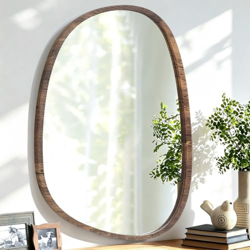 Lzuso Hanging Wall Mirror Irregular Oval Mirror Modern Wood Frame Mirror Unique Shape Asymmetrical Wall Vanity Mirror Artistic Decor for Bedroom Bathroom Living Room Entryway Hallway Rustic Brown