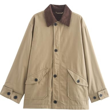 Yimoon Oversized Barn Jacket for Women Corduroy Lapel Collar Button Down Casual Canvas Jacket Outwear(Beige-M), Beige, M