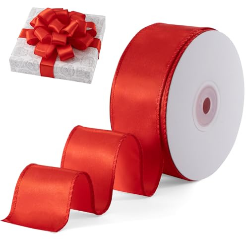 FAKILO Geschenkband Satinband mit Draht 38 mm x 18 m Schleifenband Rot Drahtband dient als Geschenkband, Christbaumband, Schmuckband für Kränze, Bastelband und Hochzeitsband