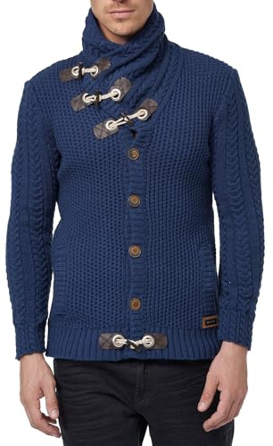 Gilet Homme Grosse Maille à Col Châle Veste Cardigan Col Montant BX418 Bleu Marine L
