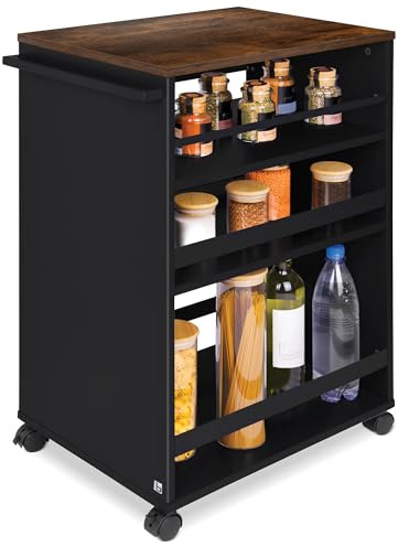 bomoe Nischenwagen Servierwagen auf Rollen mit 3 verstellbaren Ebenen FSC® | 50x38x79cm schwarz braun Küchenwagen mit Arbeitsplatte freistehender Universal Rollwagen Küche Bad Büro Holz Bengt