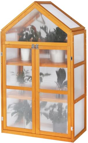 LYNSLIM Wooden Greenhouse, Cold Frame Greenhouse for Outdoor，Raised Flower Planter Shelf with Transparent Flip-Top Roof，Mini Greenhouse Cabinet for Outside 29” W x 15”D x 50” H (Wood)