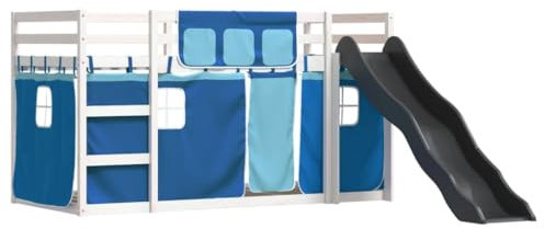 vidaXL Etagenbett, Kinderbett Spielbett mit Rutsche Gardinen, Hochbett Bett für Kinder, Stockbett Bettgestell mit Lattenrost Rausfallschutz, Blau 90x200cm