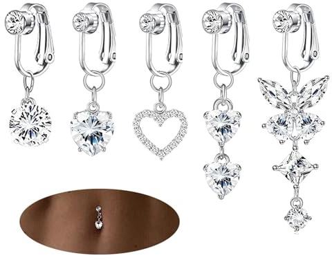 SIXDUTON 5Pcs Faux Piercing Nombril Pour Femme, Zircon Nombril Clip Bijoux De Ventre Tour Classique Coeur Forme Papillon (Argent)