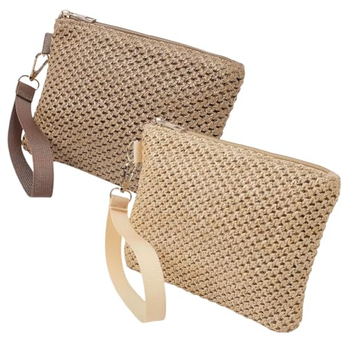 CREATCABIN 2 Pochette Paille pour Femme Sac à Main avec Dragonne Fermeture Éclair Style Bohème Sac à Main D'Été Plage Tissé avec Poignée et Sangle pour Vacances Fêtes Travail Voyages Beige Jaune Moka
