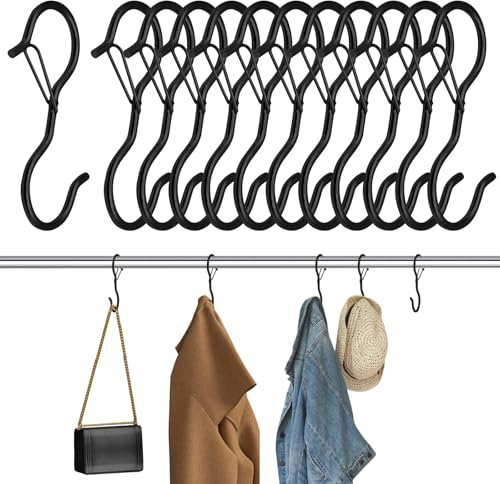 VEGCOO Lot de 12 crochets en S pour suspendre des plantes, des ustensiles de cuisine, des jeans, des sacs, des pots, 9 cm avec boucle de sécurité (noir)